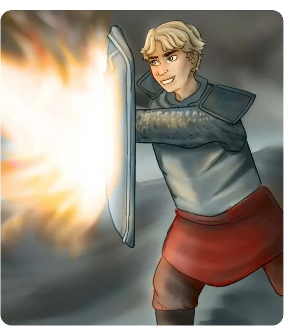 Knight blocking attack with a shield.