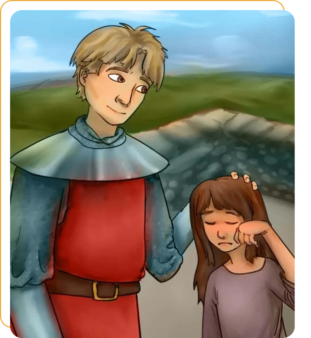 Knight comforting a crying child outdoors.